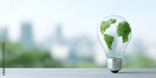 green energy and environmental concept with a lightbulb in the shape of a green world on a city background.
