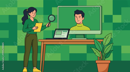 Woman Inspecting Digital Data on Laptop and Monitor