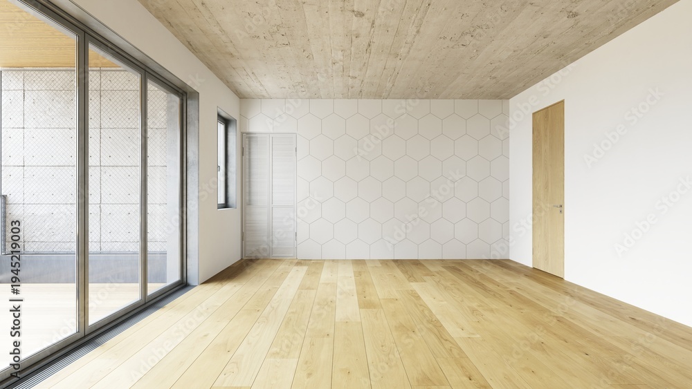 Obraz premium Empty room interior with hexagonal wall tiles and sliding glass doors. 3D rendering of a new home