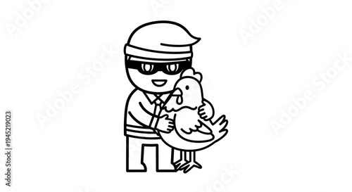 Cartoon Thief Stealing a Chicken, Funny Robber with Mask and Hat Holding Bird