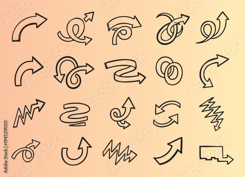 Collection of creative curved and swirling arrow icons in various styles and directions