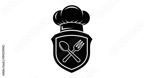 Chef Hat and Crossed Cutlery on Shield Emblem - Culinary Icon