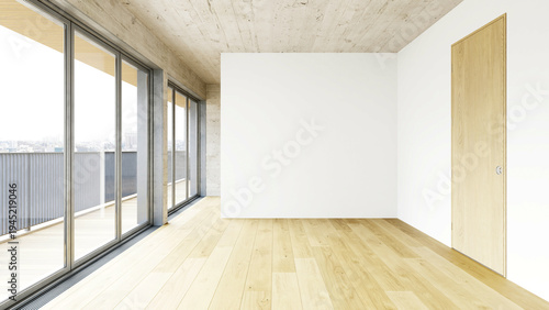 Empty modern room with wood floor and concrete ceiling. Unfurnished apartment interior. 3D rendering