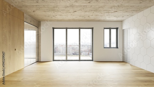 Empty modern apartment interior with wood floor and concrete ceiling. Unfurnished room. 3D rendering