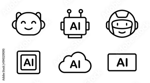 Vector graphic illustration of AI icons with smiling faces and logos on white background for design and technology concepts