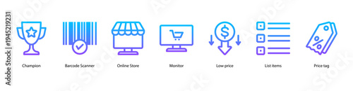 Digital Retail Tools web banner icon vector illustration featuring Champion, Barcode Scanner, Online Store, Monitor, Low Price, List Items, and Price Tag.