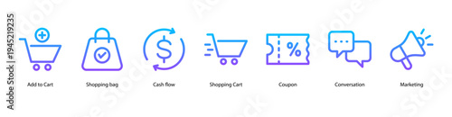 E-Commerce Essentials web banner icon vector illustration featuring Add to Cart, Shopping Bag, Cash Flow, Shopping Cart, Coupon, Conversation, and Marketing.