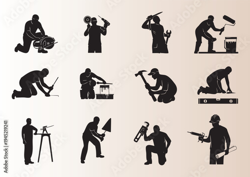Collection of diverse construction and repair worker silhouettes performing various tasks and using tools
