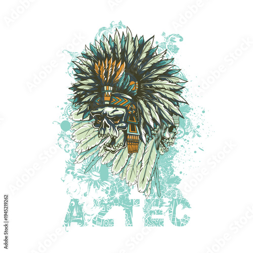 Native American Skull Headdress Vector Illustration with Tribal Feathers, Vintage Ethnic Warrior Skull Design, Detailed Tattoo Style Skeleton Head Graphic for T-Shirt, Logo, Emblem, Mascot, Poster, 