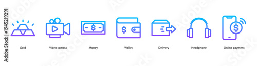 Digital Payment and Delivery web banner icon vector illustration featuring Gold, Video Camera, Money, Wallet, Delivery, Headphone, and Online Payment.
