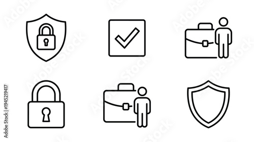Vector graphic illustration of security and protection icons including shield, lock, briefcase and checkmark symbols in a simple line style design