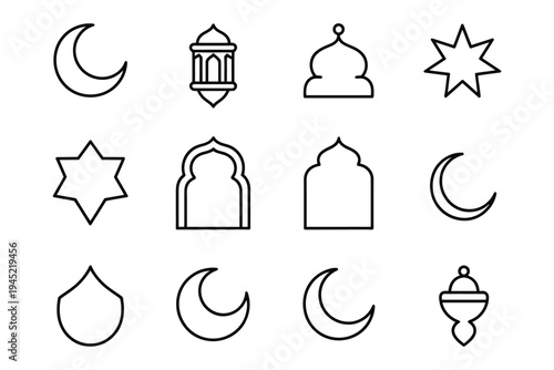 Outline set of islamic symbols, including crescent moons, lanterns, mosque domes, and stars, for ramadan and eid