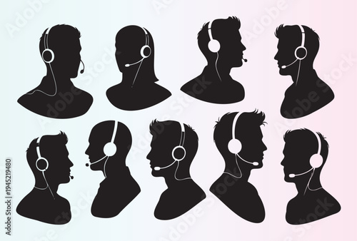 Collection of diverse silhouette profiles with headsets for customer service and communication illustration