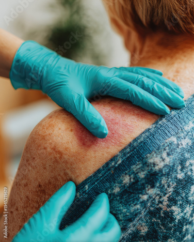 Stage one bedsores on skin of elderly person shoulder being examined by healthcare worker wearing blue gloves, showing early pressure ulcer with redness and tenderness
