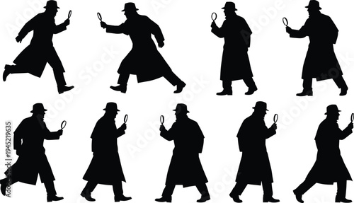 Detective silhouettes icons set, mystery investigation, spy character, trench coat figure, magnifying glass, crime solving, analysis, search, discovery, movement
