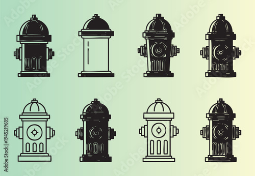 Collection of eight stylized fire hydrant illustrations with various designs and details