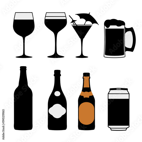 Set of assorted alcoholic drinks with wine bottles and glasses on a bar background