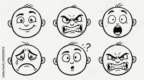 Various cartoon faces with different emotions drawn in a vector illustration style showing happy, angry, surprised, sad, and confused expressions on white background