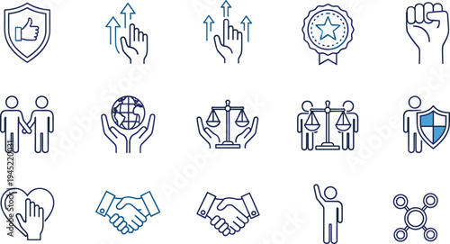 Ethics icons set, teamwork, justice, integrity, trust, collaboration, responsibility, solidarity, fairness, volunteering, recognition, protection, global care, values, honesty