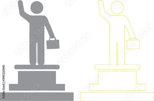 A grayscale icon of a triumphant businessperson standing on a pedestal with a briefcase in hand waving to a distant prize