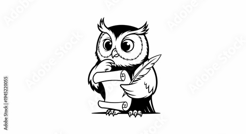 Wise Owl Holding Quill and Scroll, Symbolizing Knowledge and Learning