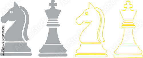 A set of four chess pieces in gray and yellow on a white background including knight king bishop and queen