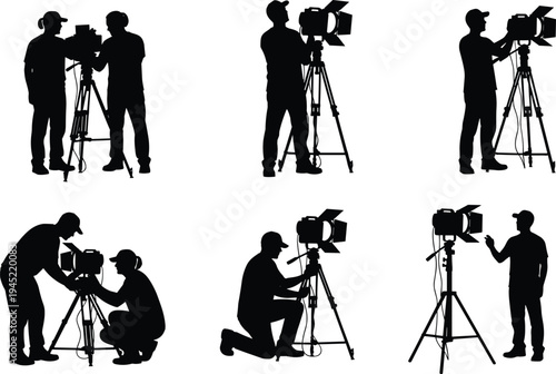 Film crew silhouettes adjusting professional video lighting equipment, behind‑the‑scenes teamwork setup, cinematic production preparation, technical collaboration illustration for stock