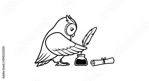 Wise Owl Writing with Quill and Inkwell, Scroll Nearby
