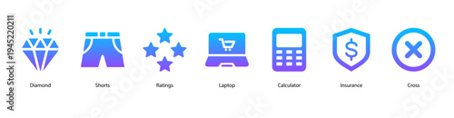 Luxury and Value web banner icon vector illustration featuring Diamond, Shorts, Ratings, Laptop, Calculator, Insurance, and Cross.