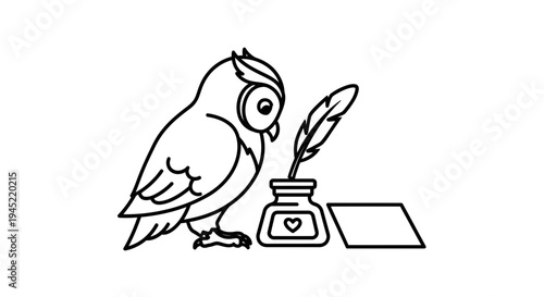 Wise Owl Writing with Quill and Inkwell, Symbol of Knowledge and Education