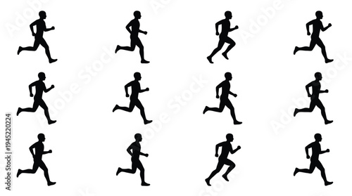 Black silhouettes of men running in various dynamic poses vector illustration