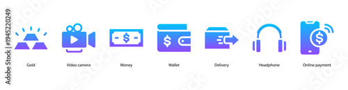 Digital Payment and Delivery web banner icon vector illustration featuring Gold, Video Camera, Money, Wallet, Delivery, Headphone, and Online Payment.