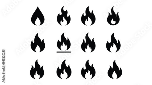 Black flame icons in various shapes and sizes for design use
