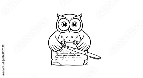 Wise Owl Writing with Quill Pen on Old Paper, Symbol of Knowledge and Education
