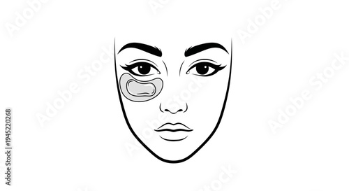 Woman applying under eye patches for skincare and beauty treatment, close-up face line art