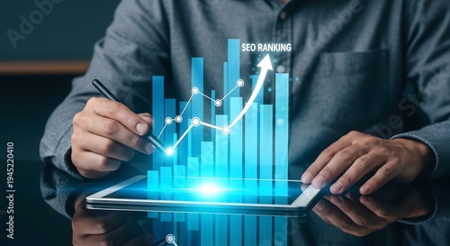 Businessman optimizing search engine ranking growth using digital technology on transparent background