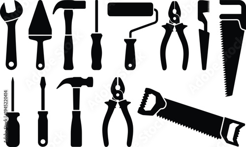 Assortment of Black Silhouette Icons of Hand Tools and Painting Tools on a White Background wrench