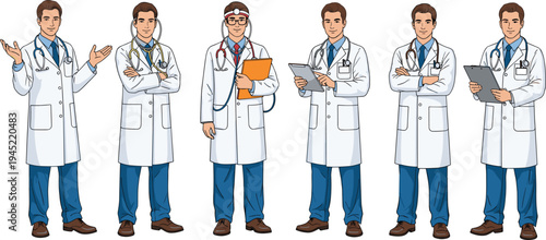 Illustrated male doctors in lab coats with stethoscopes, holding folder, tablet, clipboard, diverse medical roles, healthcare professionals teamwork illustration