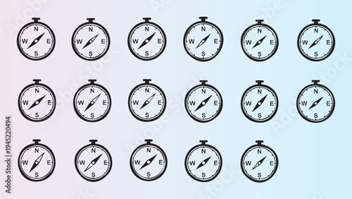 Collection of fifteen identical compass icons showing different directional orientations in one image