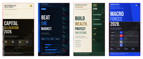 Investment strategy poster design, financial magazine cover, asset allocation advertisement layout, portfolio brochure template, equity research flyer, wealth management editorial, premium finance mar