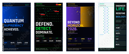 Future technology poster design, sci-fi magazine cover, innovation advertisement layout, quantum computing brochure template, space tech flyer, biotech editorial design, premium futuristic marketing 