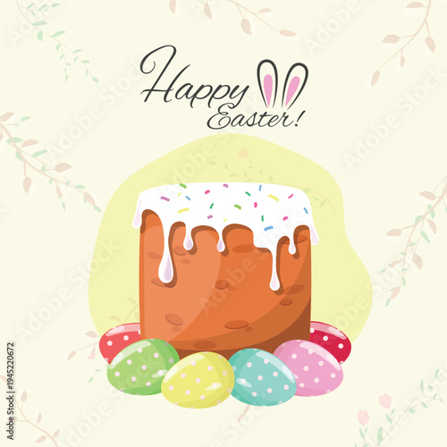 Easter cake with colored eggs and Easter bunny, Easter card, Easter greetings.