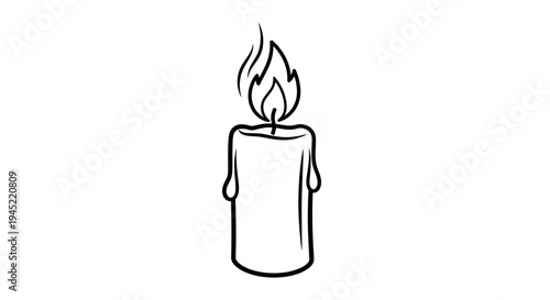 Single lit candle with dripping wax and flame, isolated on white background, line art.