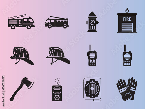 Collection of firefighting and emergency response icons including fire trucks helmets and equipment illustration