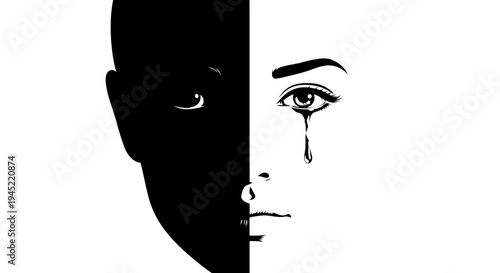 Split Face Black White Crying Woman Emotion Sadness Contrast Dualism