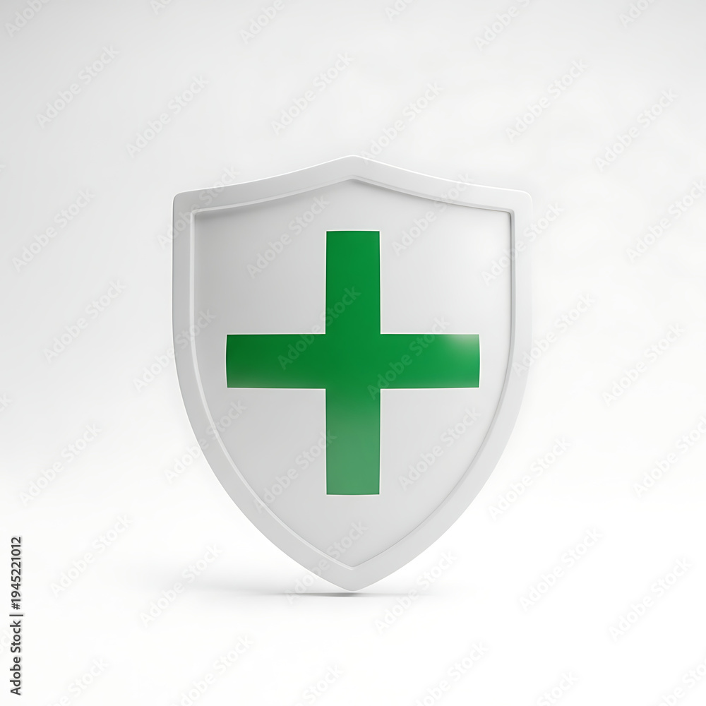 Fototapeta premium Green plus sign inside a white shield, representing protection and health.
