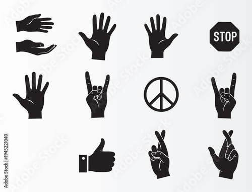 Collection of hand gestures and symbols including peace stop thumbs up and rock signs