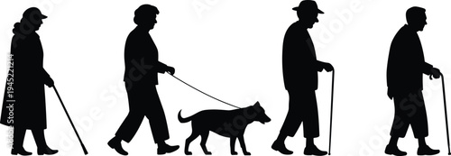 Elderly people silhouettes walking with cane, dog, visual aid illustration, senior mobility support artwork, aging lifestyle scene for healthcare themes