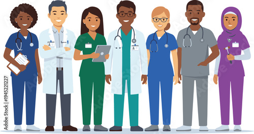 Diverse group of smiling medical professionals standing together, representing a collaborative healthcare team in a professional setting.