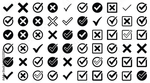 Checkmarks and crosses vector icons in various styles and symbols